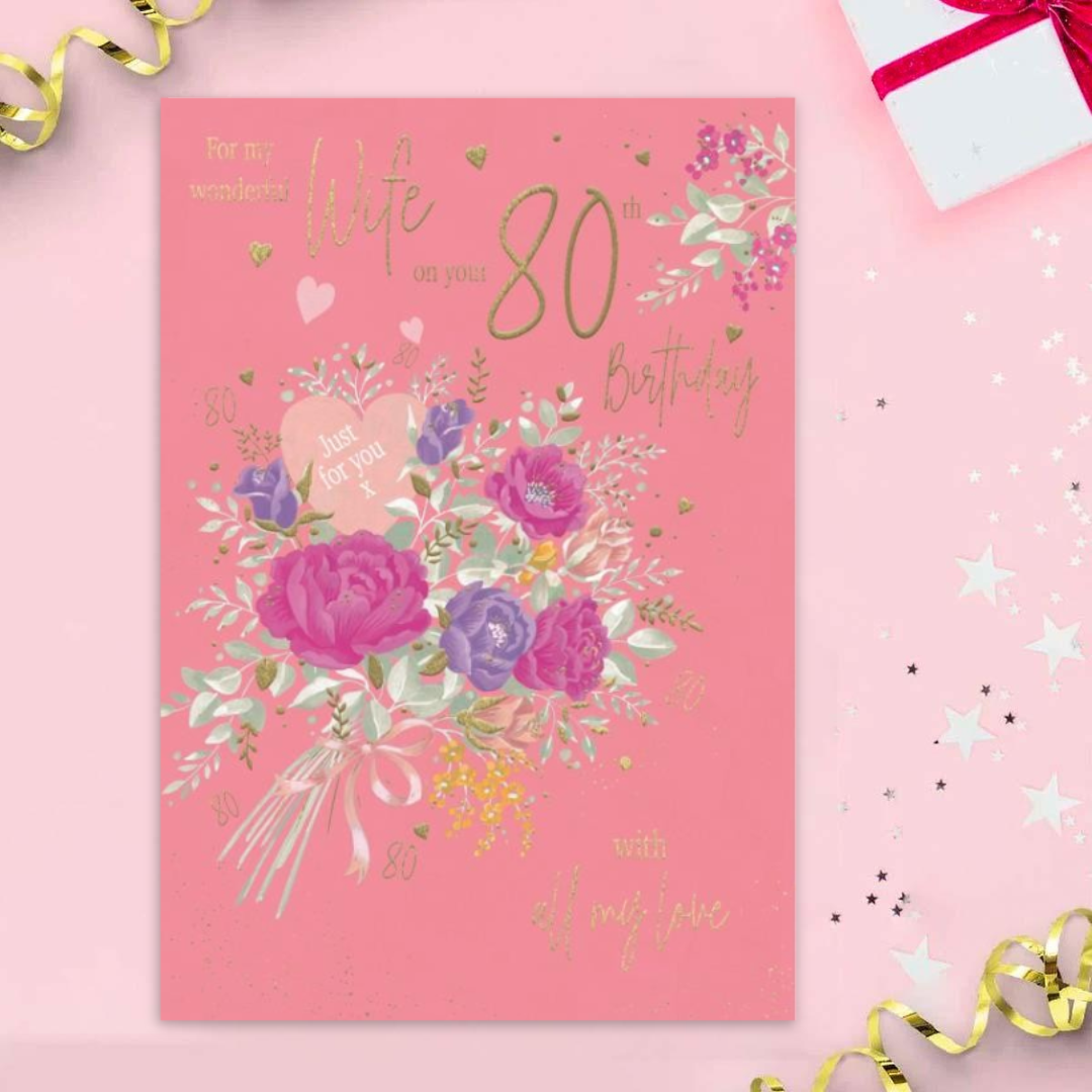 Wife 80th Birthday Card - Moonstone Floral Bouquet