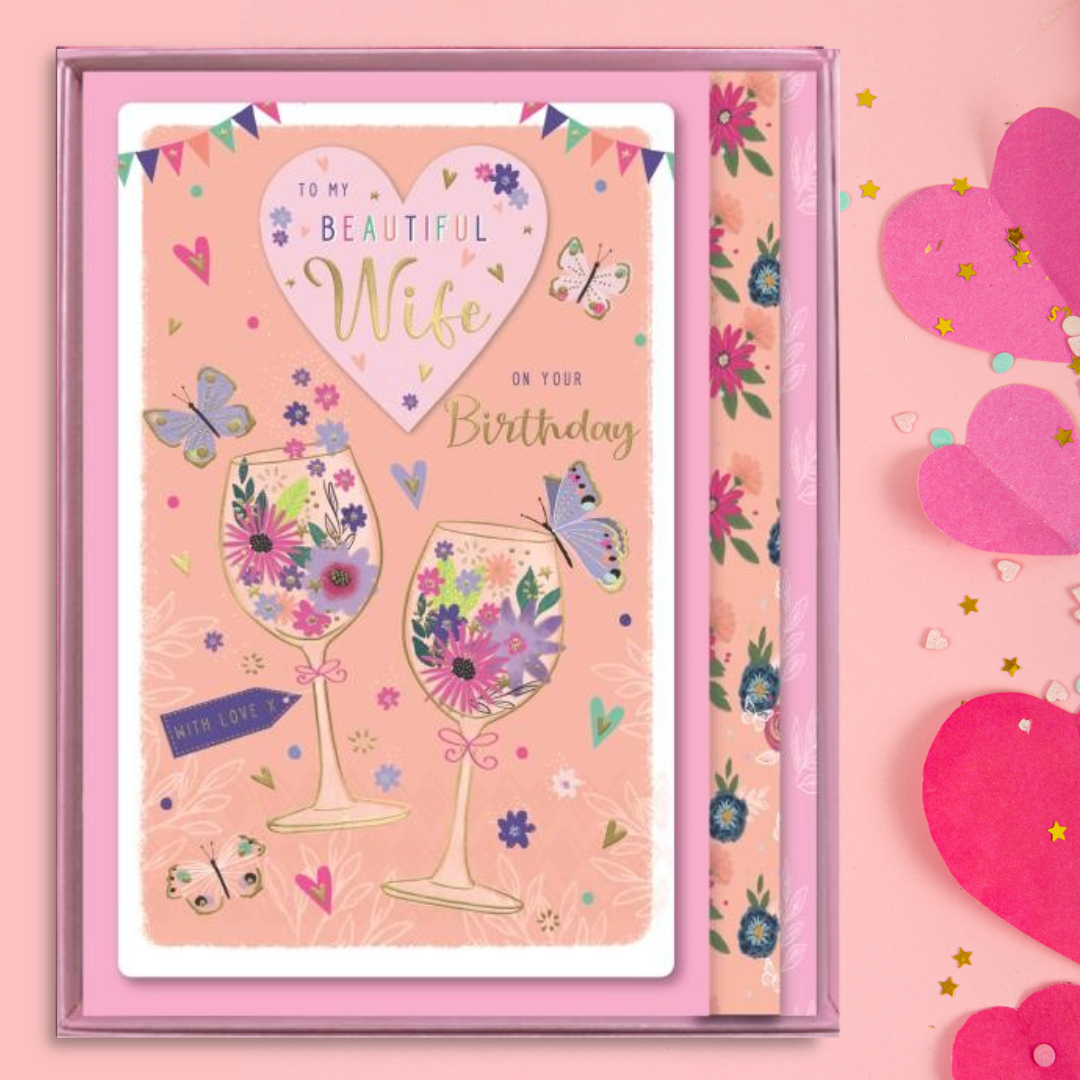 Wife Birthday Card - Boxed Butterflies & Hearts