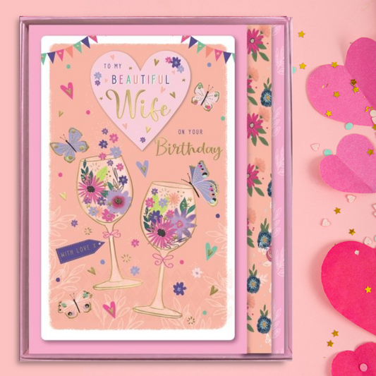 Wife Birthday Card - Boxed Butterflies & Hearts