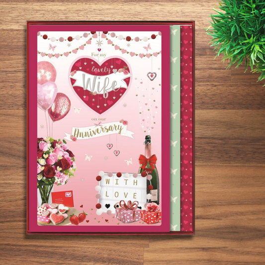 Wife Anniversary Card - Boxed Bouquet & Hearts