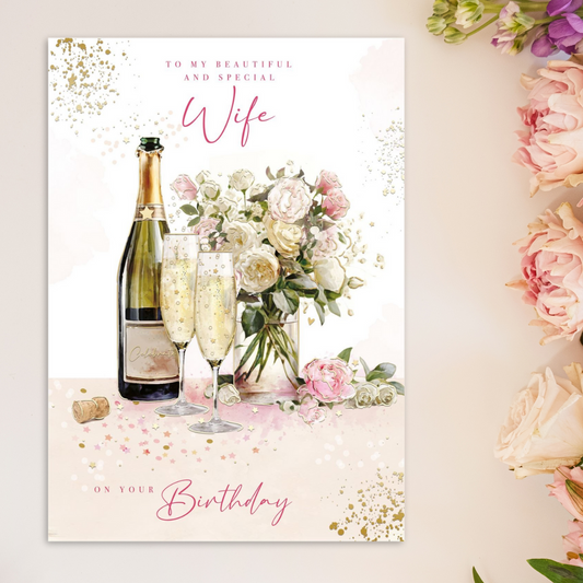 Wife Birthday Card - Large Floral Vase & Champagne