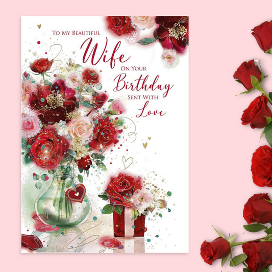 Wife Birthday Card - Large Floral Vase & Gift