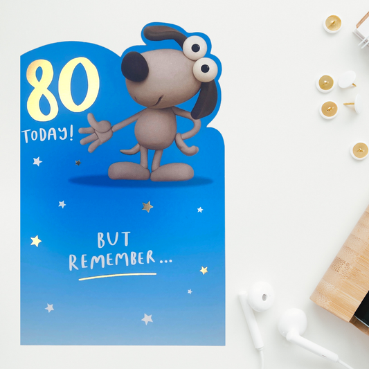 Image of 80th humour card featuring a cute dog and stars