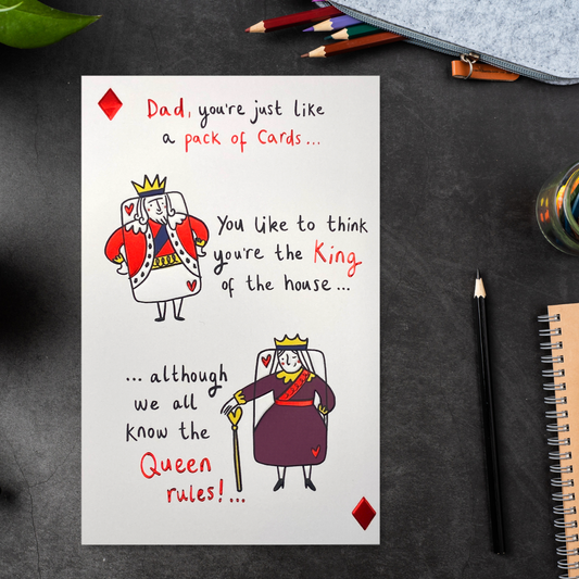 Image of Dad card featuring pack of card design, King and Queen