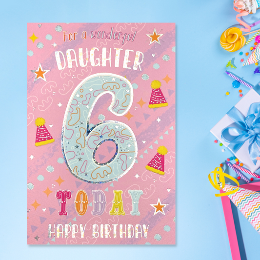 Daughter 6 front image with pink and purple design, party hats, stars and holographic details