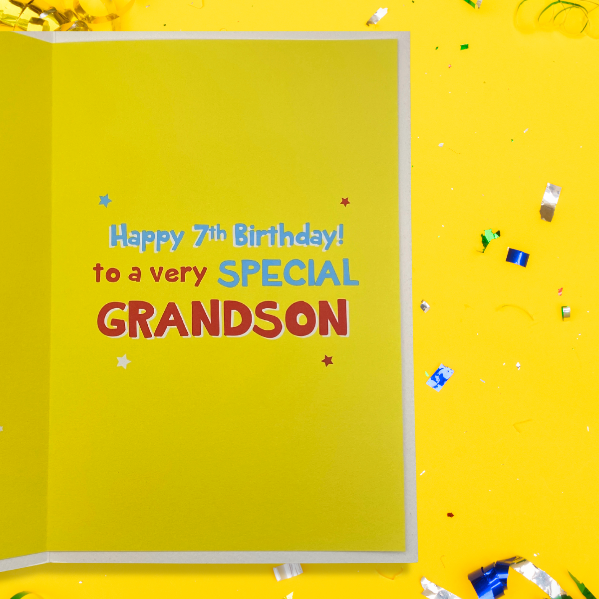 Bright yellow inside image with bold blue and red text with stars