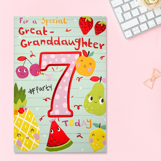 Great Granddaughter age 7 front image showing large red foil number and coloured fruit graphics