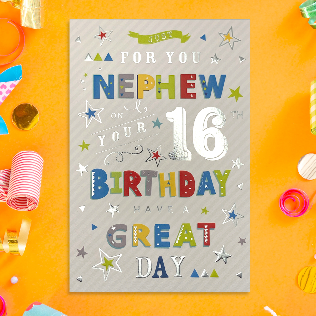 Bright and colourful nephew 16 card with silver foil text details and stars