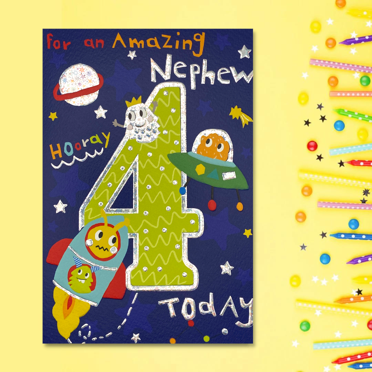 nephew 4 birthday card with navy background, spaceships and rockets with holgraphic foil details