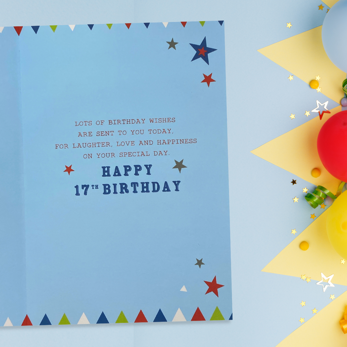 Inside image with blue background, multi colour bunting style border and stars