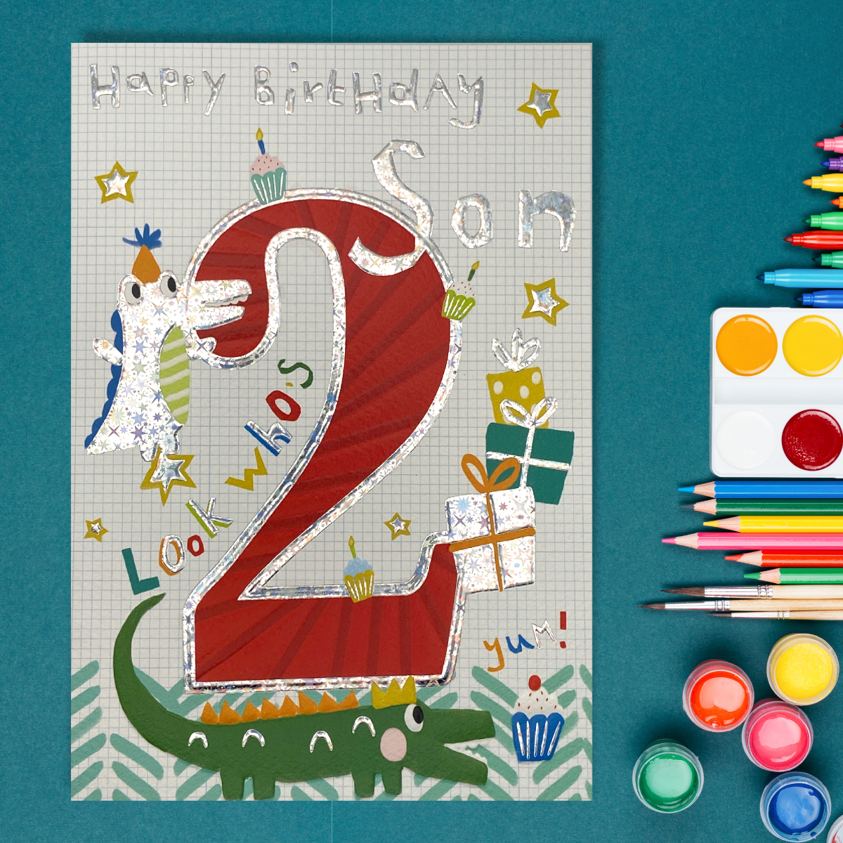 Son 2nd Birthday Card - Party Crocodiles