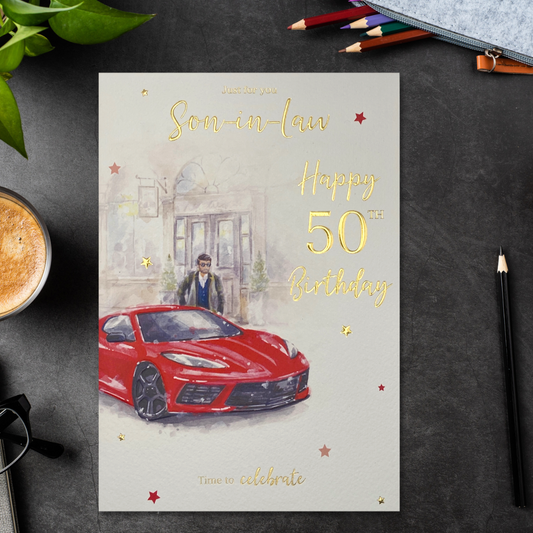 Son-In-Law 50th Birthday Card - Red Sports Car