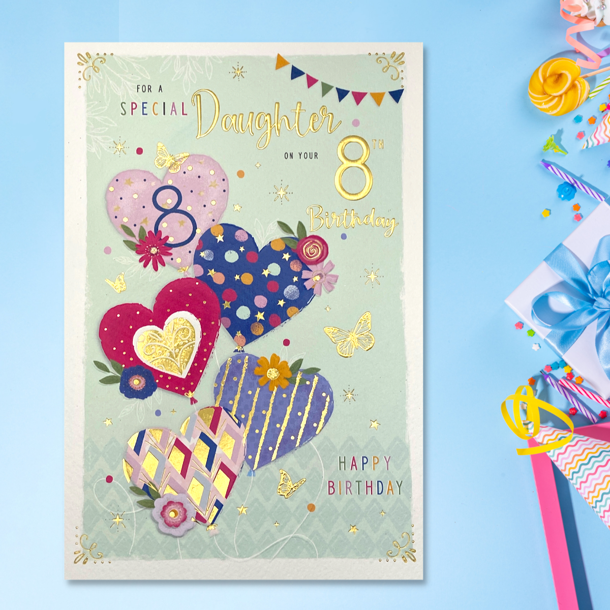 Daughter 8th Birthday Card - Heart Balloons