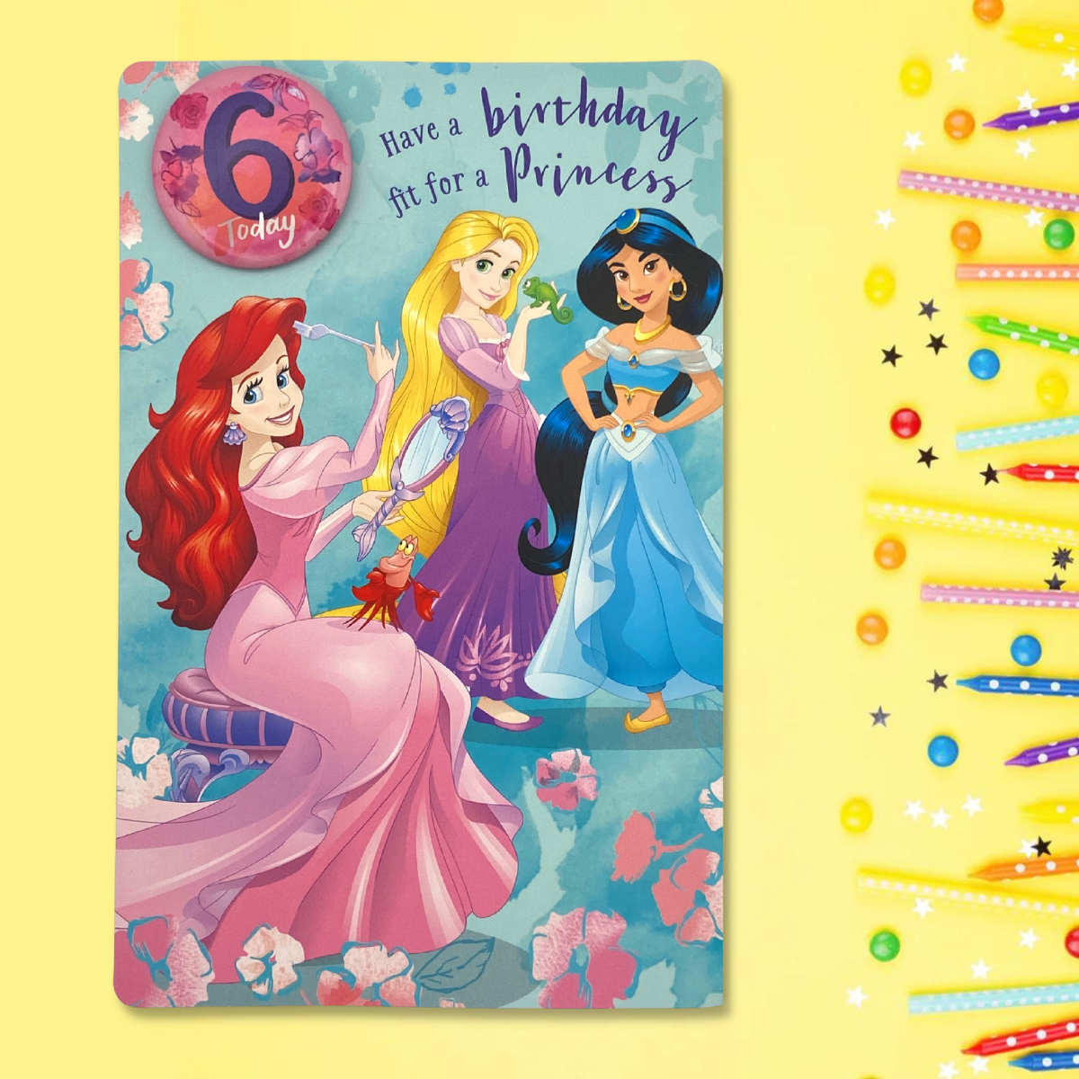 6th Birthday Card - Disney Princess With Badge