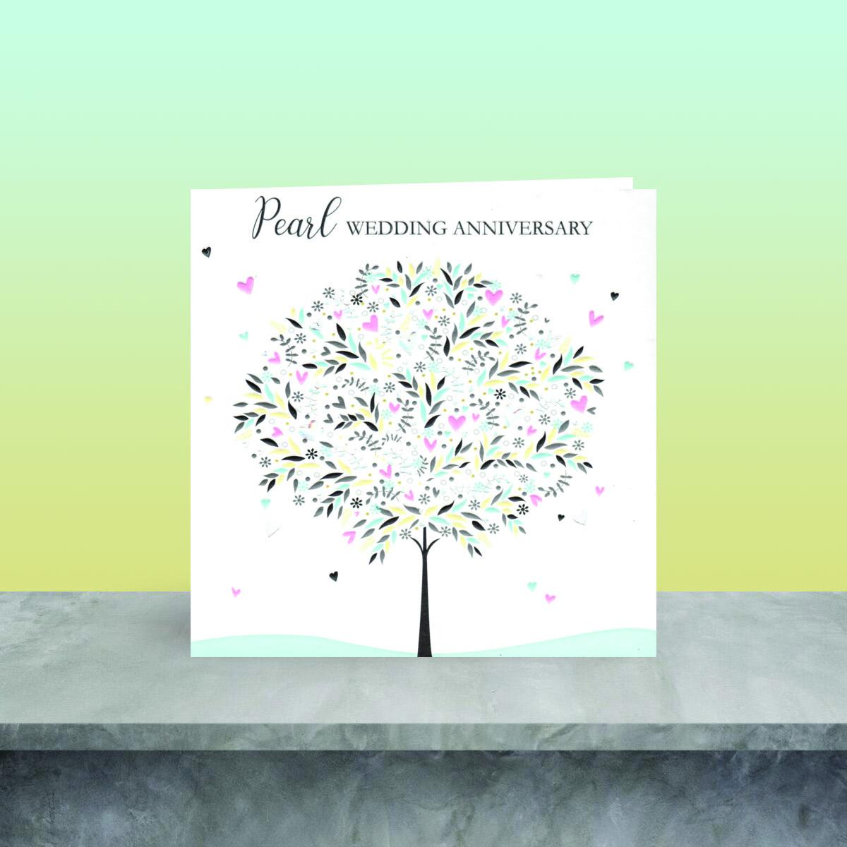 Pearl Anniversary Tree Card Sitting On A Display Shelf