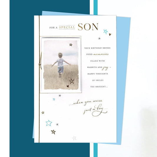 Special Son Birthday Card Alongside Its Light Blue Envelope