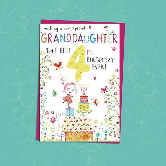Granddaughter Age 4 Birthday Card Sitting On A Display Shelf
