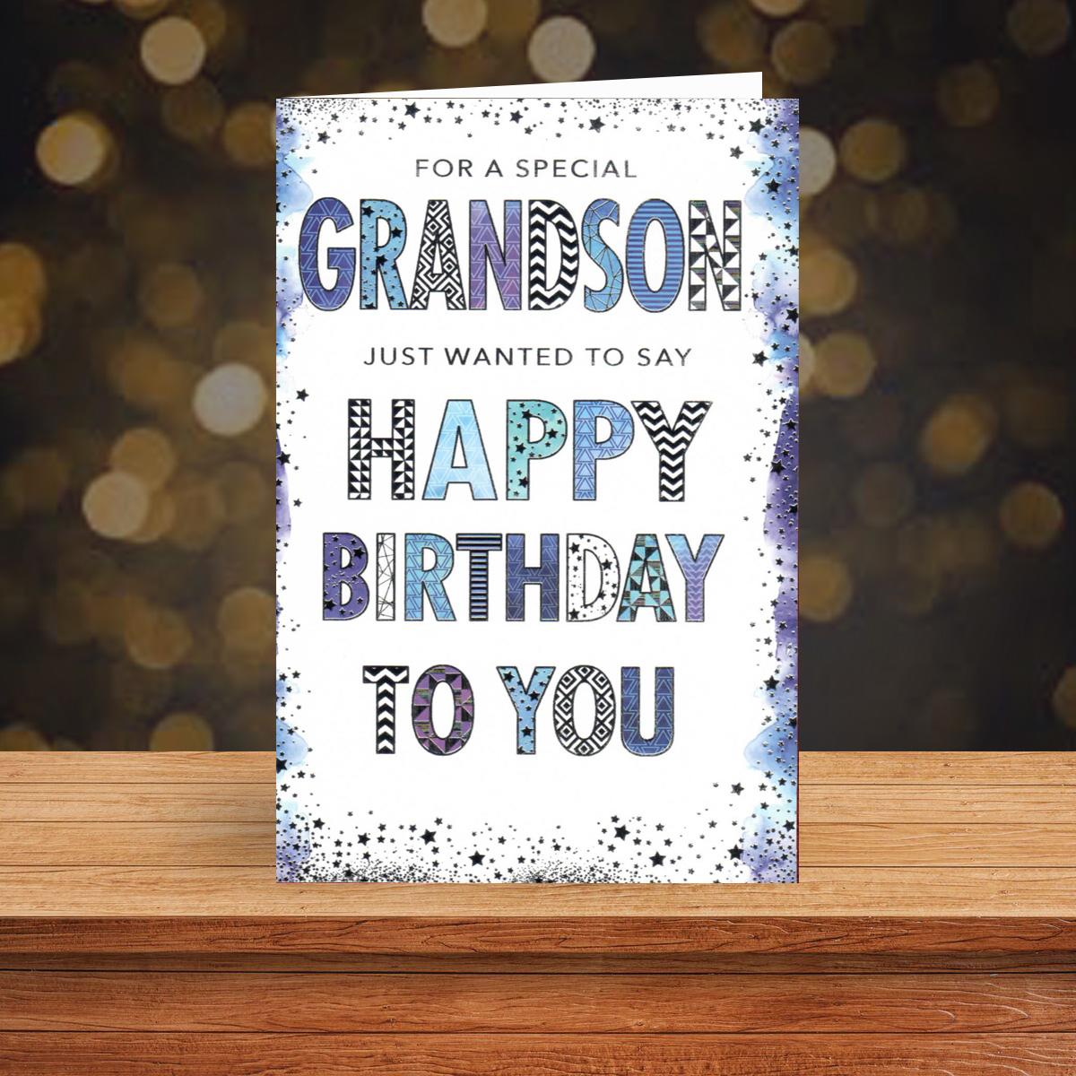 Grandson Pizazz Blue And White Birthday Card Sat On A Display Shelf
