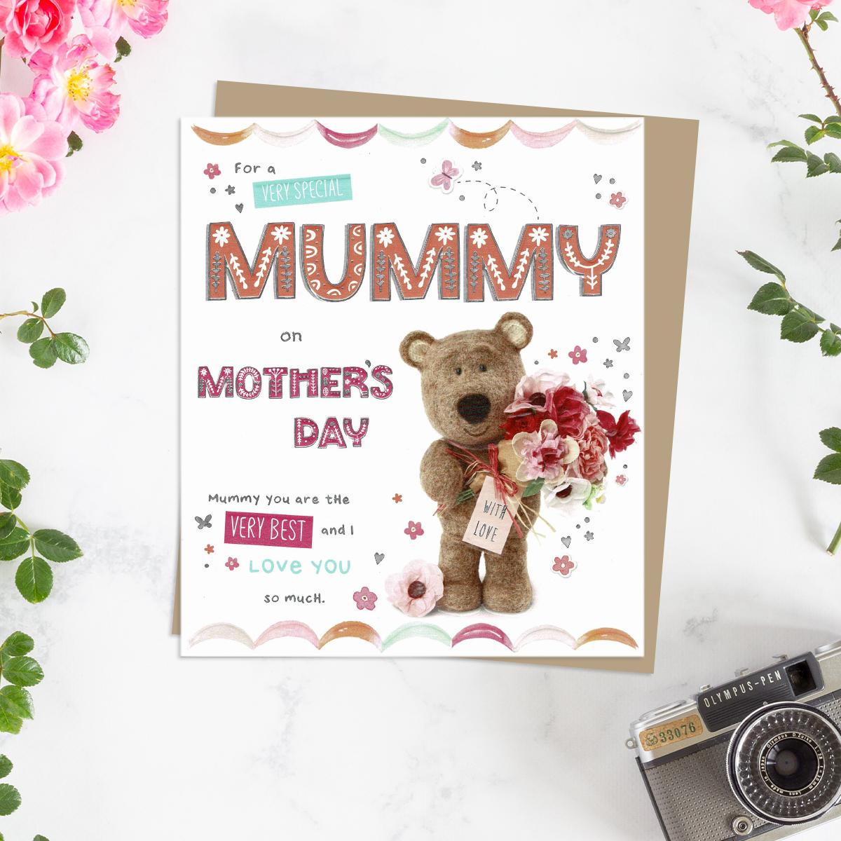 For A Very Special Mummy On Mother's Day' Featuring Barley Bear With Flowers! Complete With Silver Foiling Detail And Brown Envelope