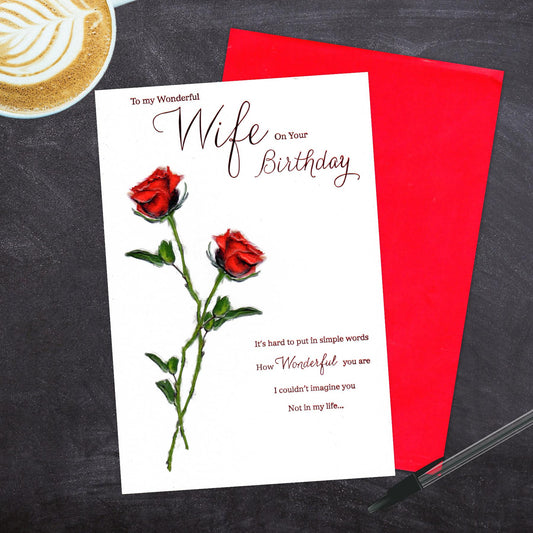 Wife Red Roses Birthday Card Alongside Its Red Envelope