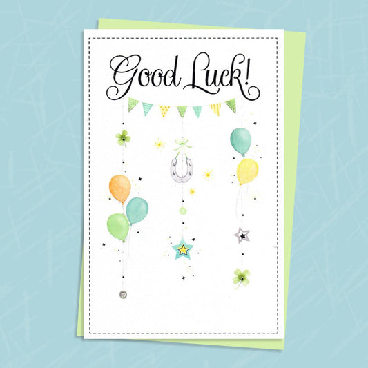 Good Luck Card With Horseshoes And Balloons On It With Envelope
