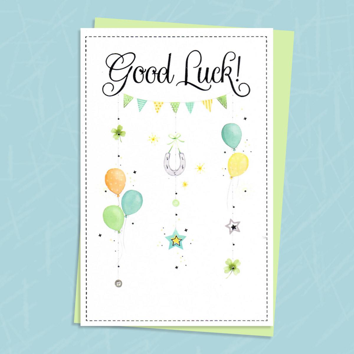 Good Luck Card With Horseshoes And Balloons On It With Envelope