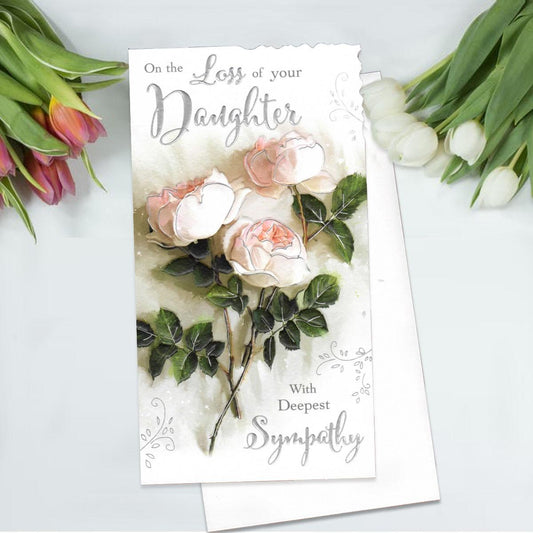 Loss Of Daughter Sympathy Card Alongside Its White Envelope