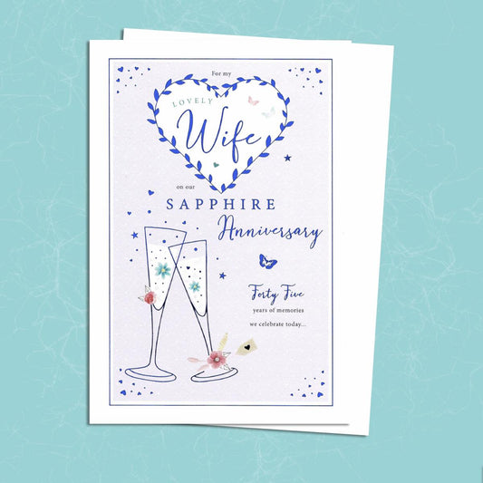 Wife Sapphire Anniversary Card Alongside Its Pearl Ivory Envelope