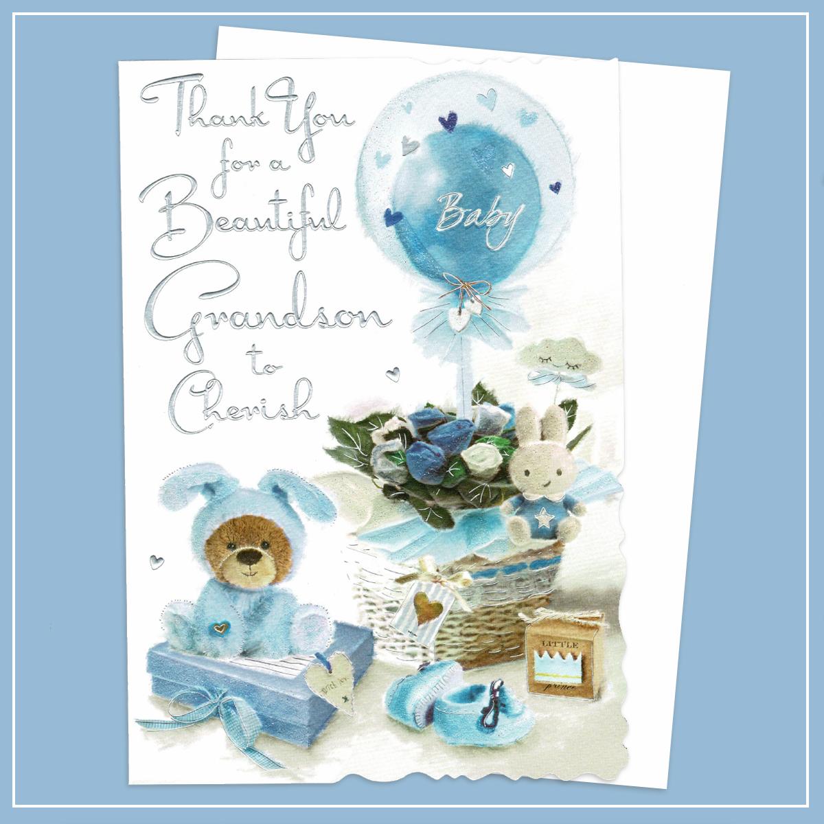 Thank For For Baby Grandson Greeting Card Alongside Its White Envelope