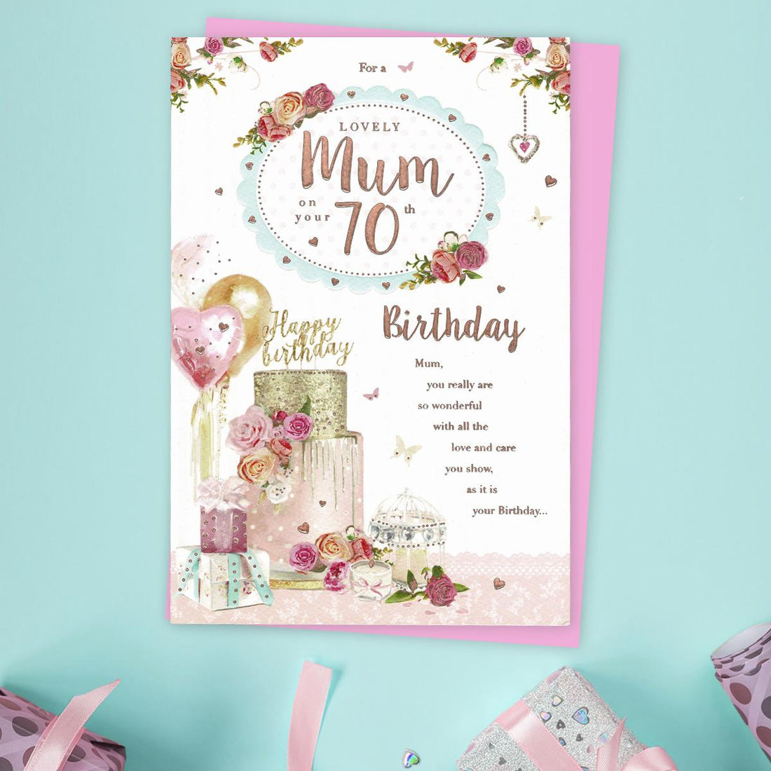 Mum 70th Birthday Card - Cake & Balloons – The Celebration Store