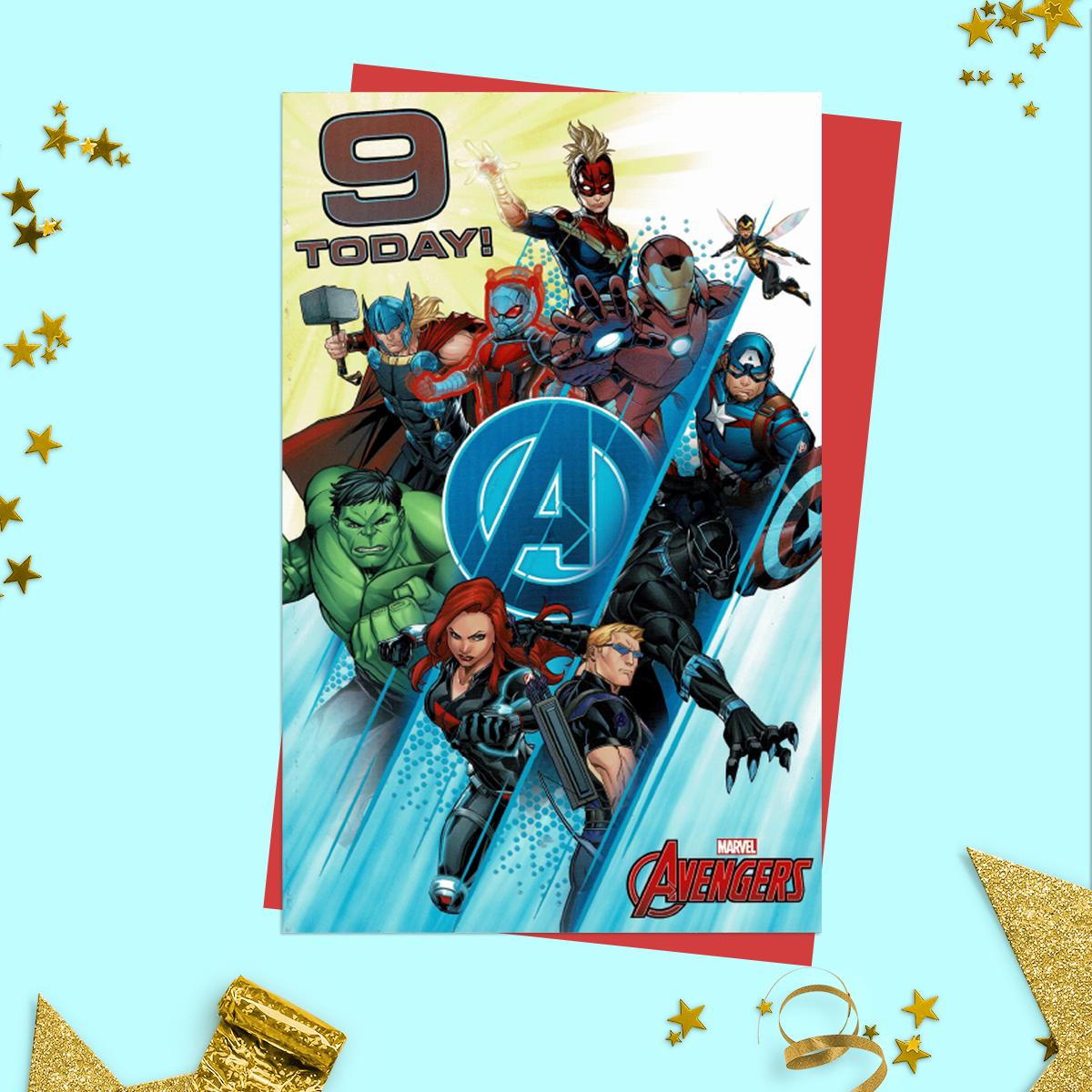 Marvel Age 9 Birthday Card Sitting On A Wooden Display Shelf