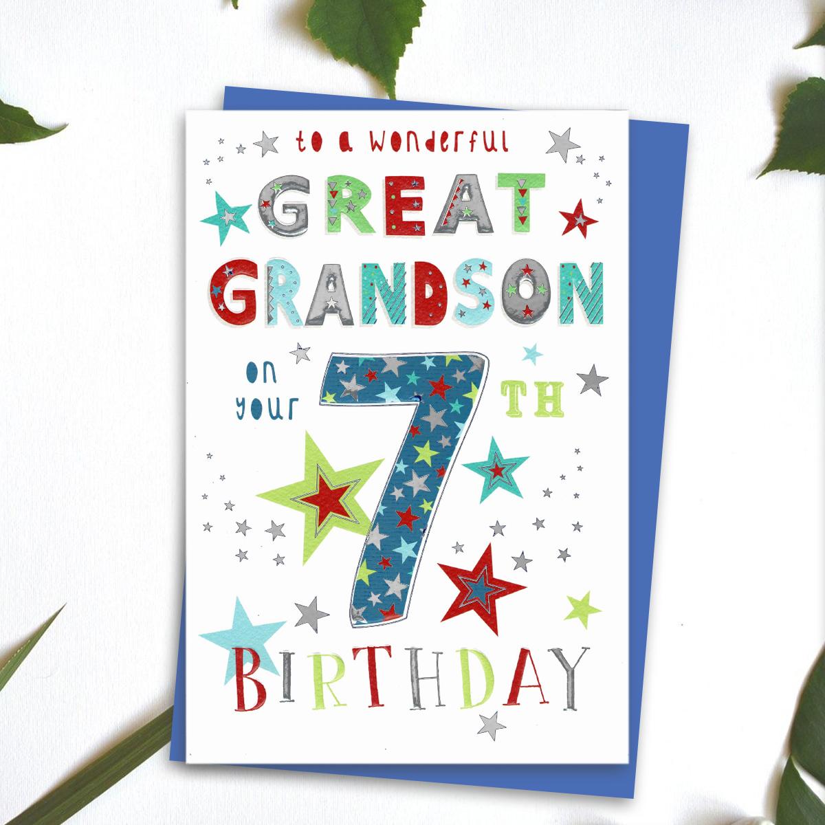 Great Grandson Age 7 Birthday Card Alongside Its Blue Envelope