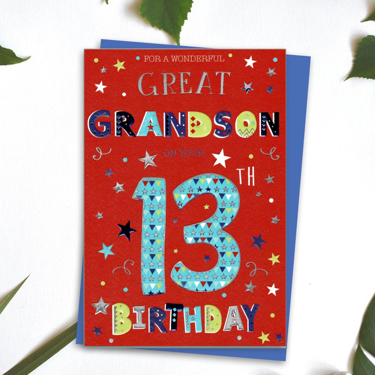 Great Grandson Age 13 Birthday Card Alongside Its Blue Envelope