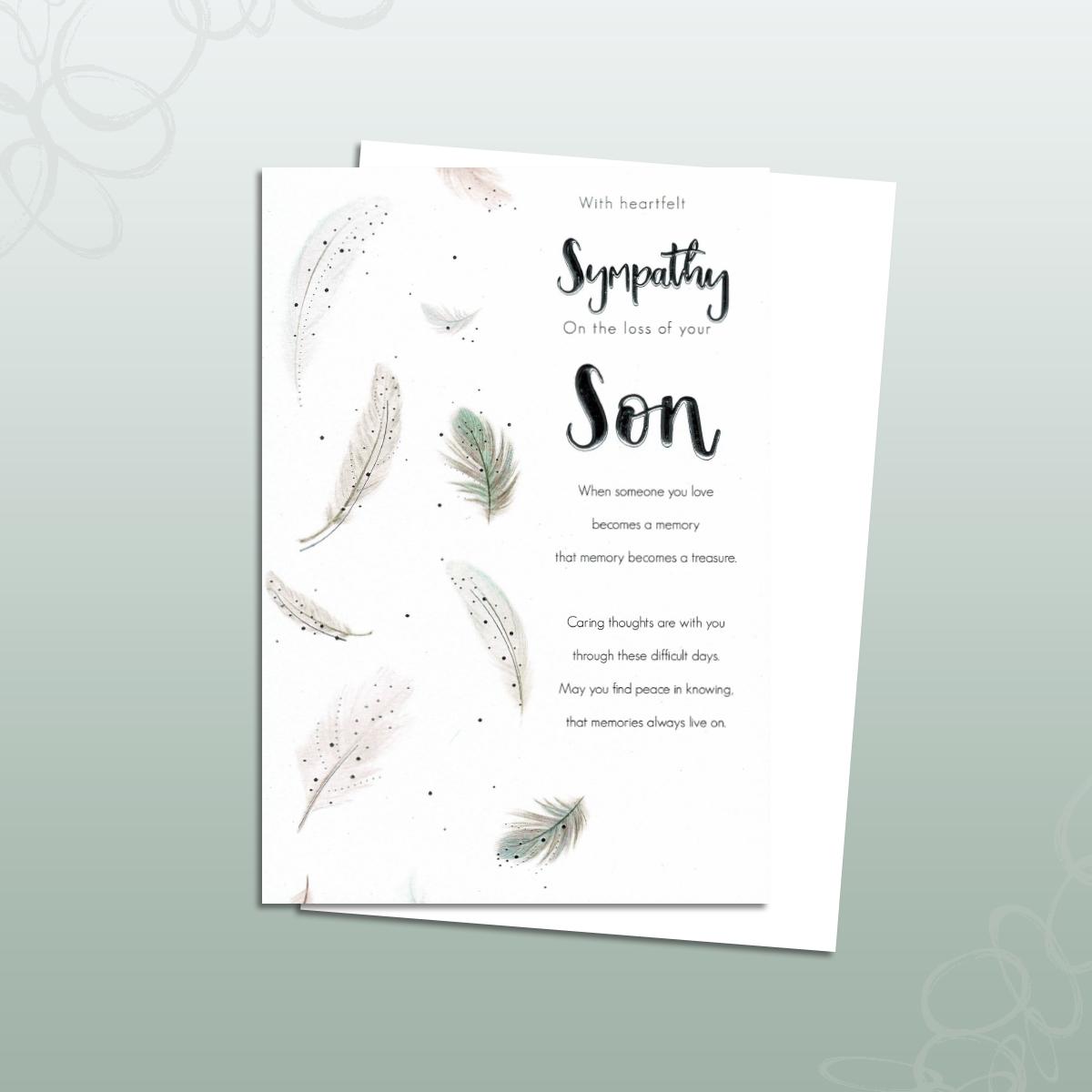 Loss Of Son Sympathy Card Sitting On A Display Shelf Alongside Its White Envelope