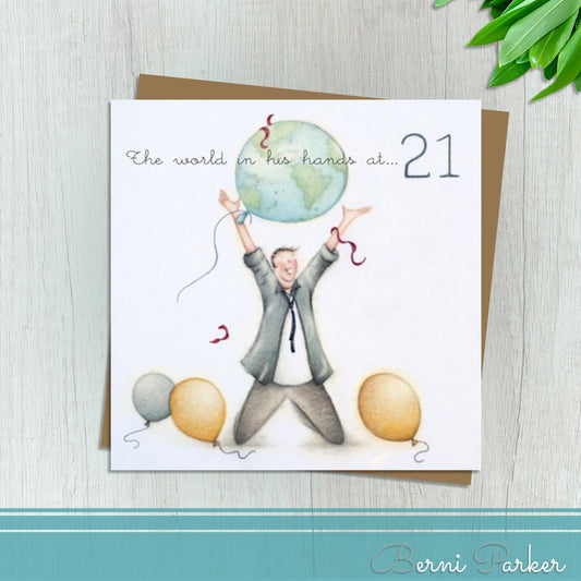 Showing A Young Man With A Globe Above His Head. Caption: The World In His Hands At 21. Blank Inside For Your Own Message. Complete With Brown Kraft Envelope