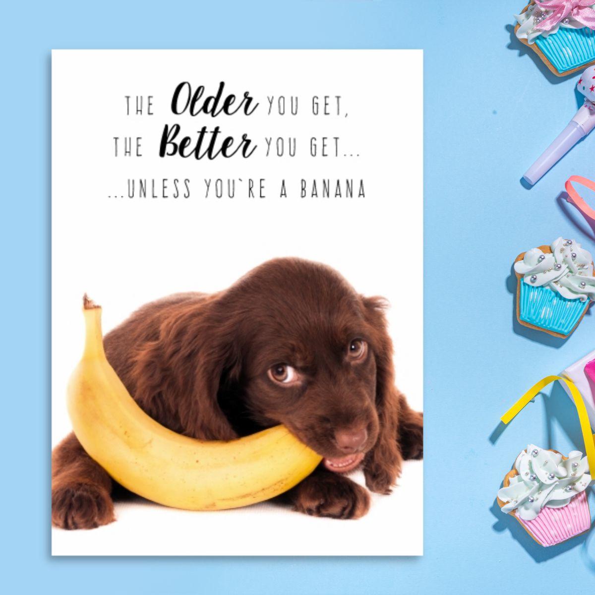 Picture This - Brown Puppy Eating A Banana Funny Birthday Card Alongside Its Silver Envelope