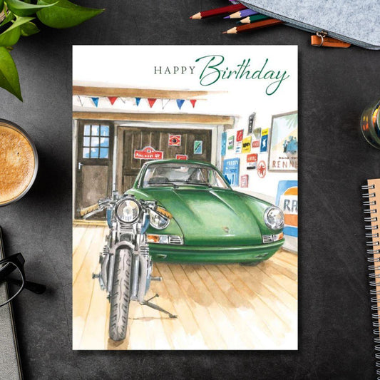 Sports Car & Motorbike Birthday Card Front Image