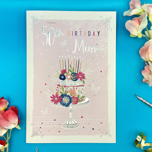 Mum Age 50 Birthday Card Alongside Its Magenta Envelope