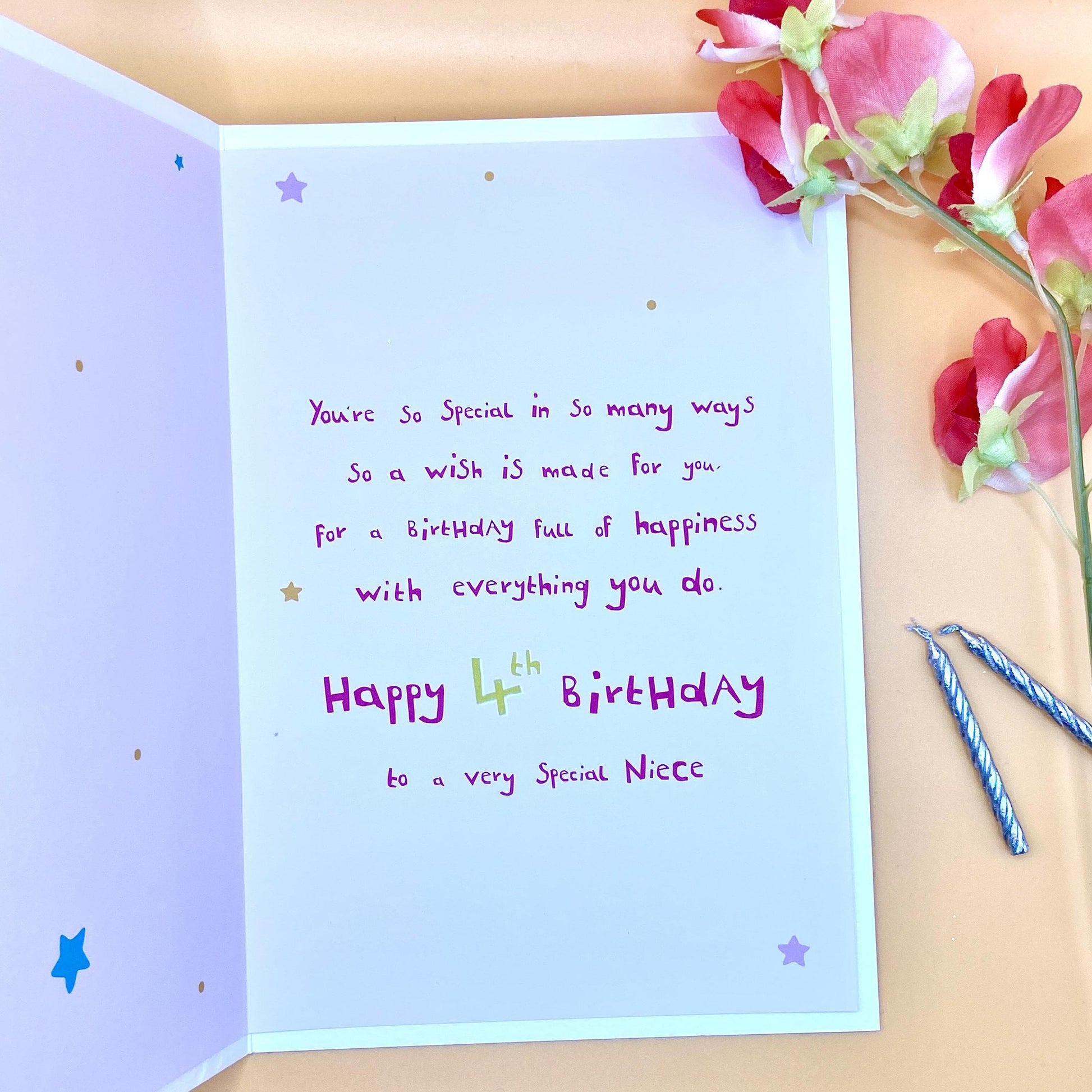 Niece Age 4 Birthday Card Alongside Its Pink Envelope