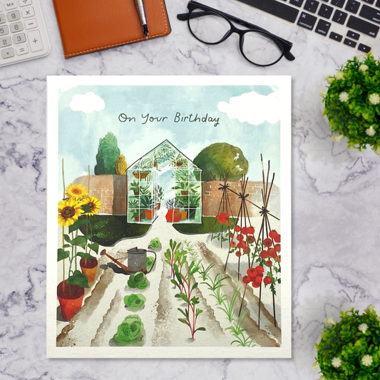 Greenhouse Themed Birthday Card Displayed In Full