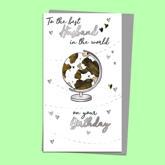 Husband Globe Themed Card Alongside Its Silver Envelope