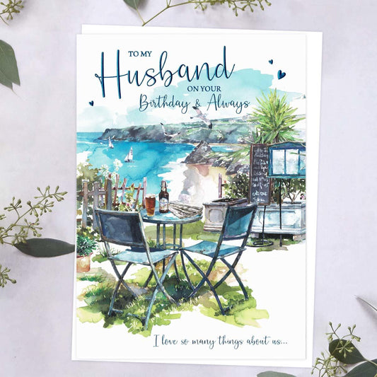 Husband Birthday Table By The Sea Card Front Image