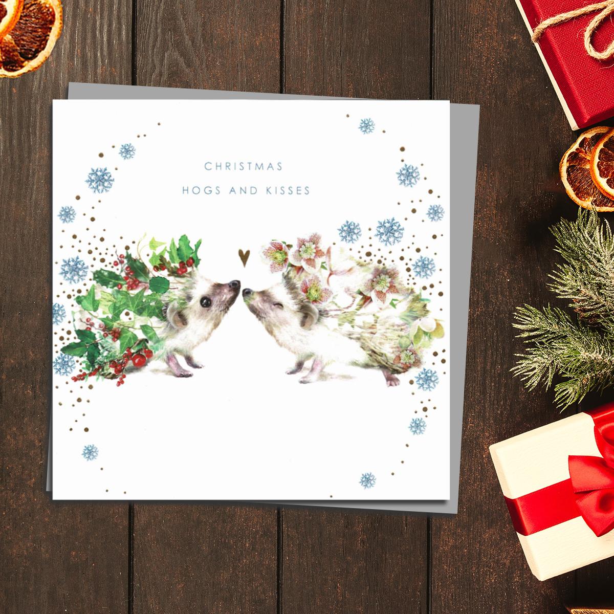 Hedgehogs Themed Christmas Card Alongside Its Grey Envelope