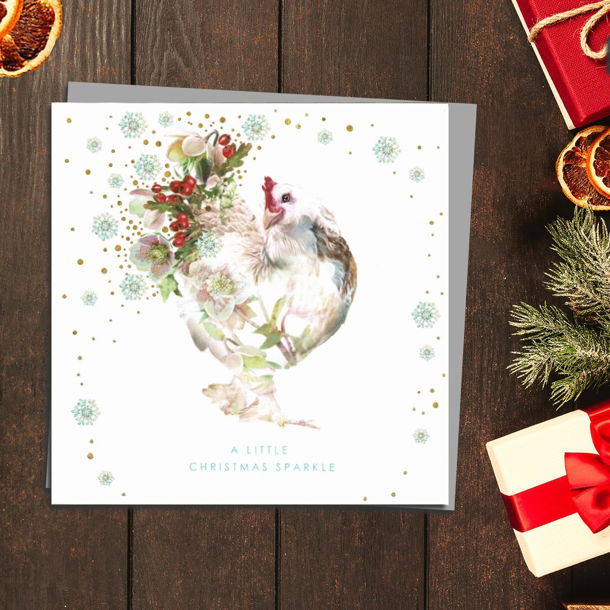 Chicken Themed Christmas Card Alongside Its Grey Envelope