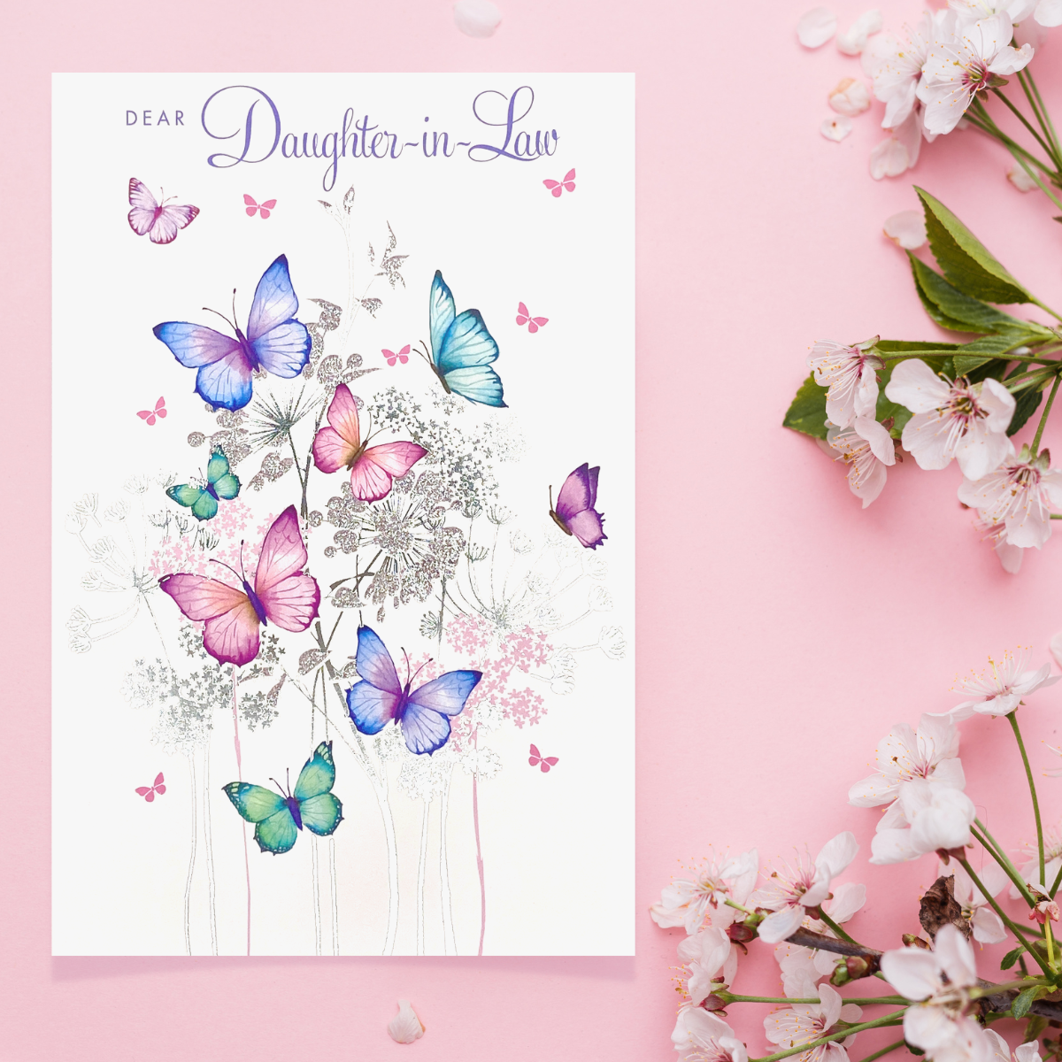 Daughter In Law Butterflies Birthday card Displayed In Full