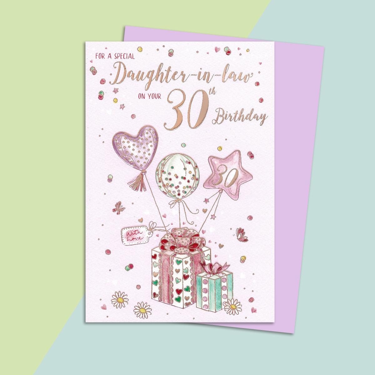 Daughter In Law Age 30 Birthday Card Alongside Its Lilac Envelope