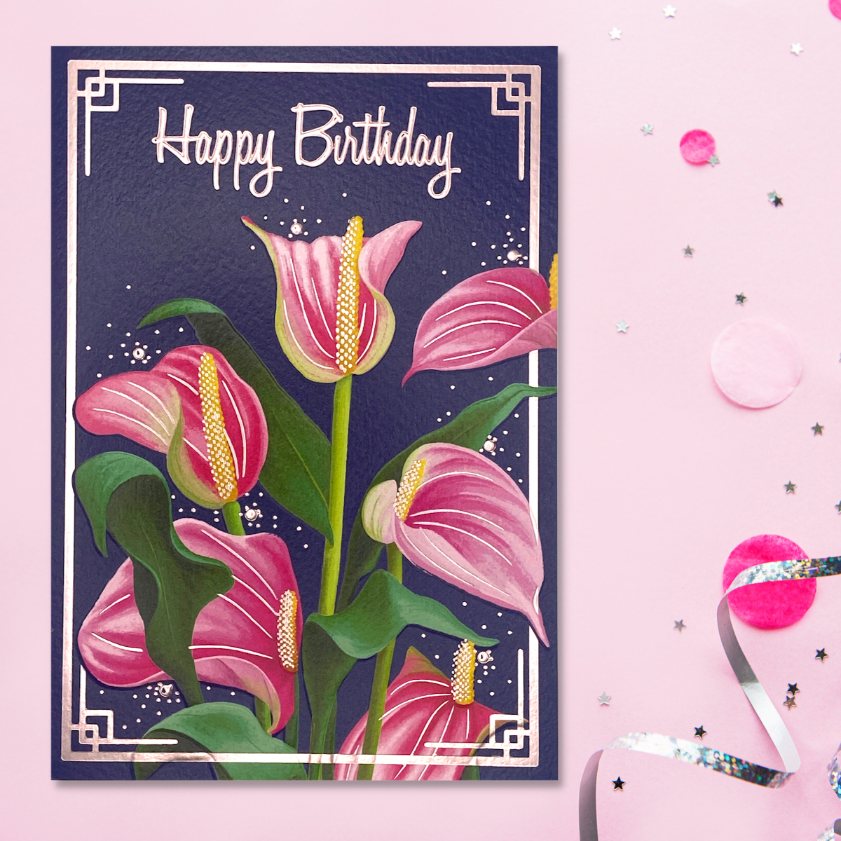 Lillies Themed Birthday Card Displayed In Full