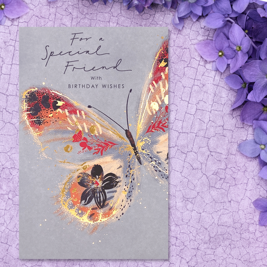 Butterfly Themed Friend Birthday Card Displayed In Full