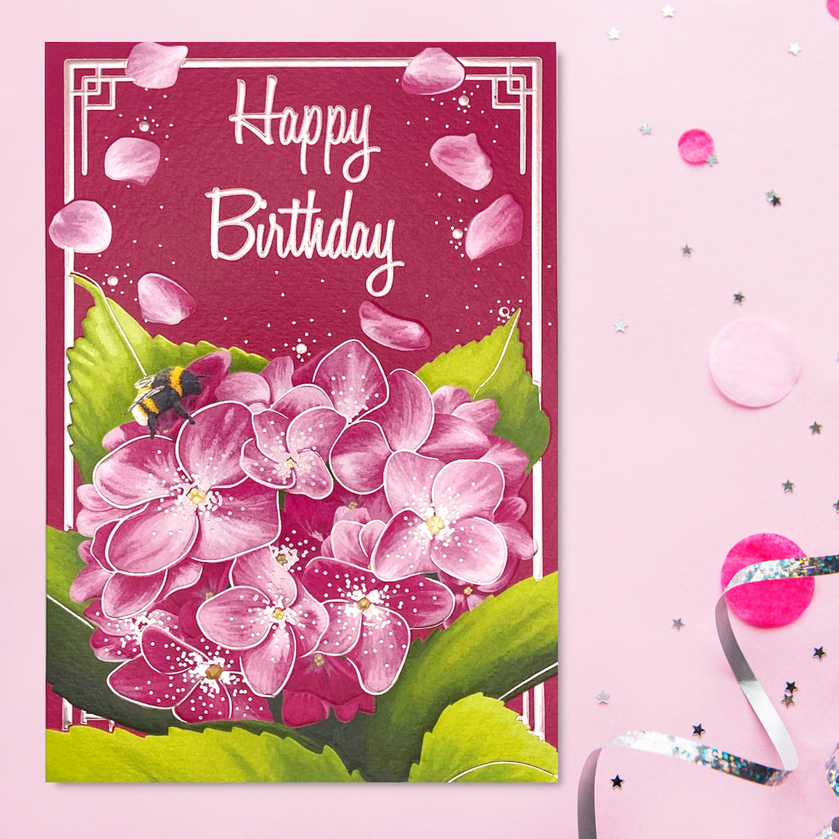 Hydrangea Themed Birthday Card Displayed In Full