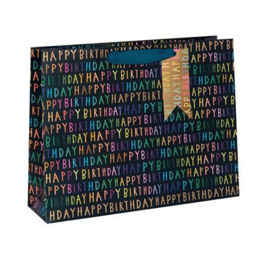 Gift Bag -  Medium Neon Happy Birthday Text Navy Front Image